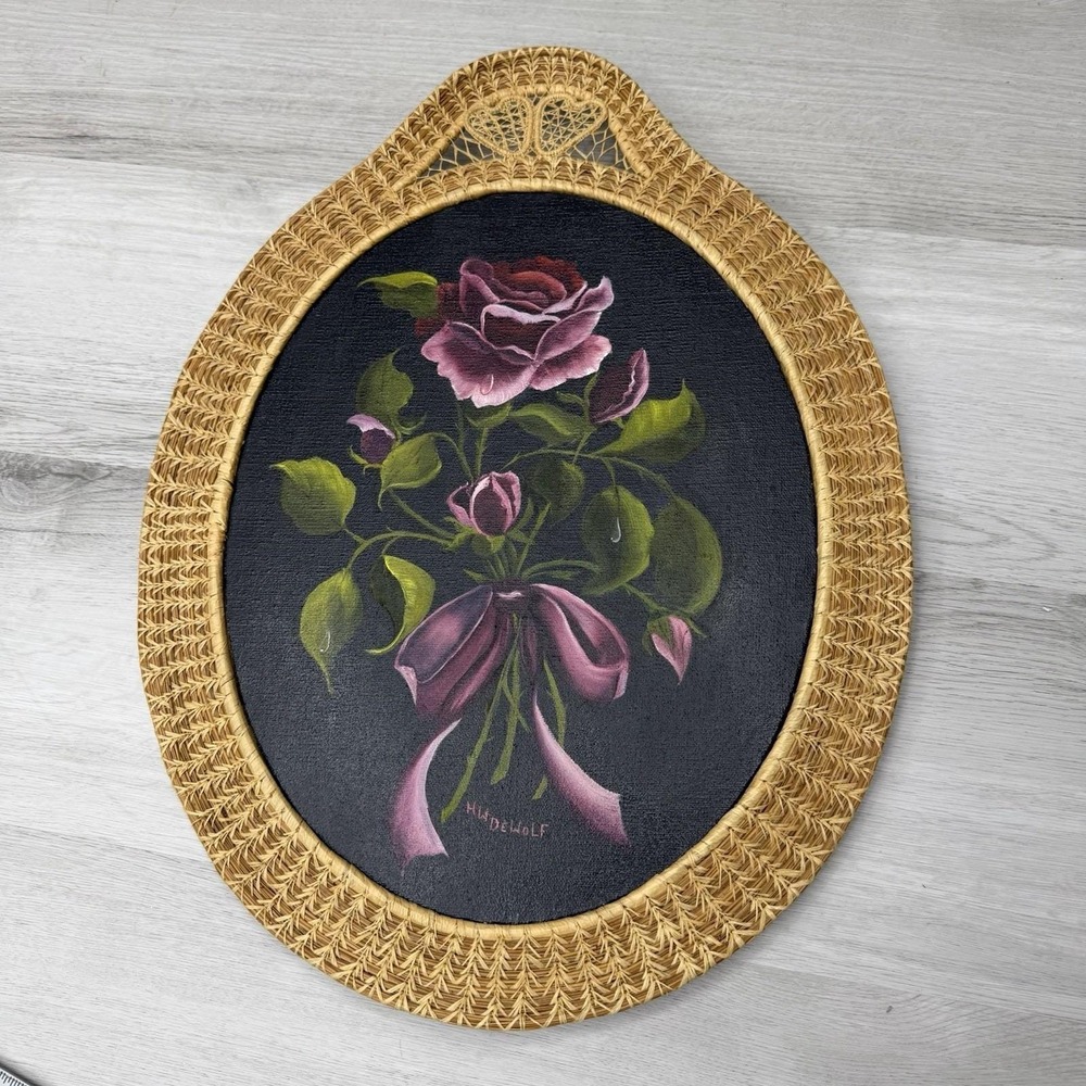 Floral Painting Wicker Frame Cottagecore Shabby Chic Rose Wall Art Oval VTG